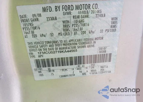 2009 Ford Escape Xls/Xls Manual from USA, damaged, VIN 1FMCU02719KA44565